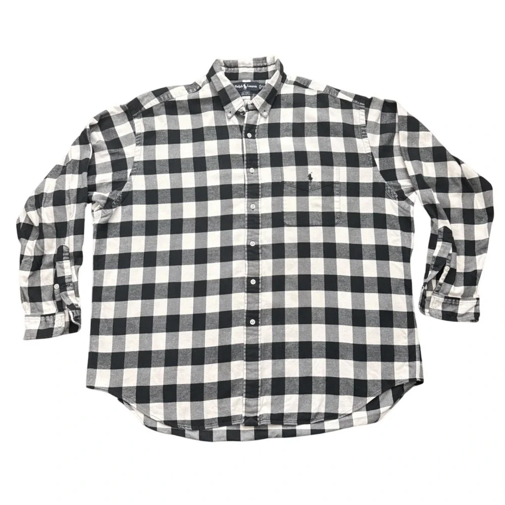 Ralph Lauren Vintage Big Shirt Mens XL Black White Buffalo Plaid‎ Flannel OS